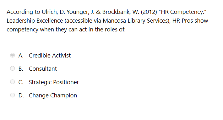 Solved According to Ulrich, D. ﻿Younger, J. \& Brockbank, | Chegg.com