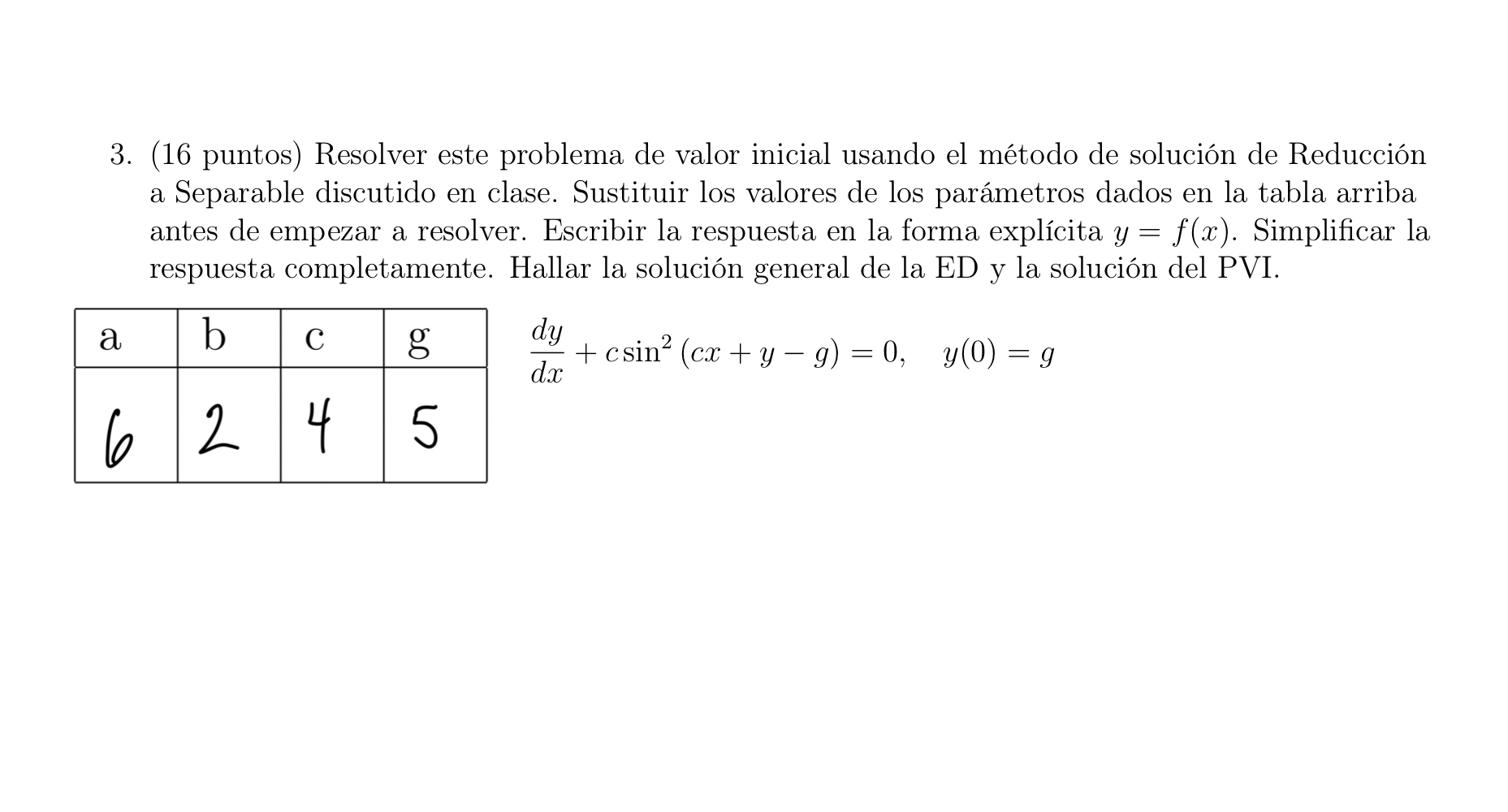 3. (16 puntos) Resolver este problema de valor inicial usando el método de solución de Reducción a Separable discutido en cla