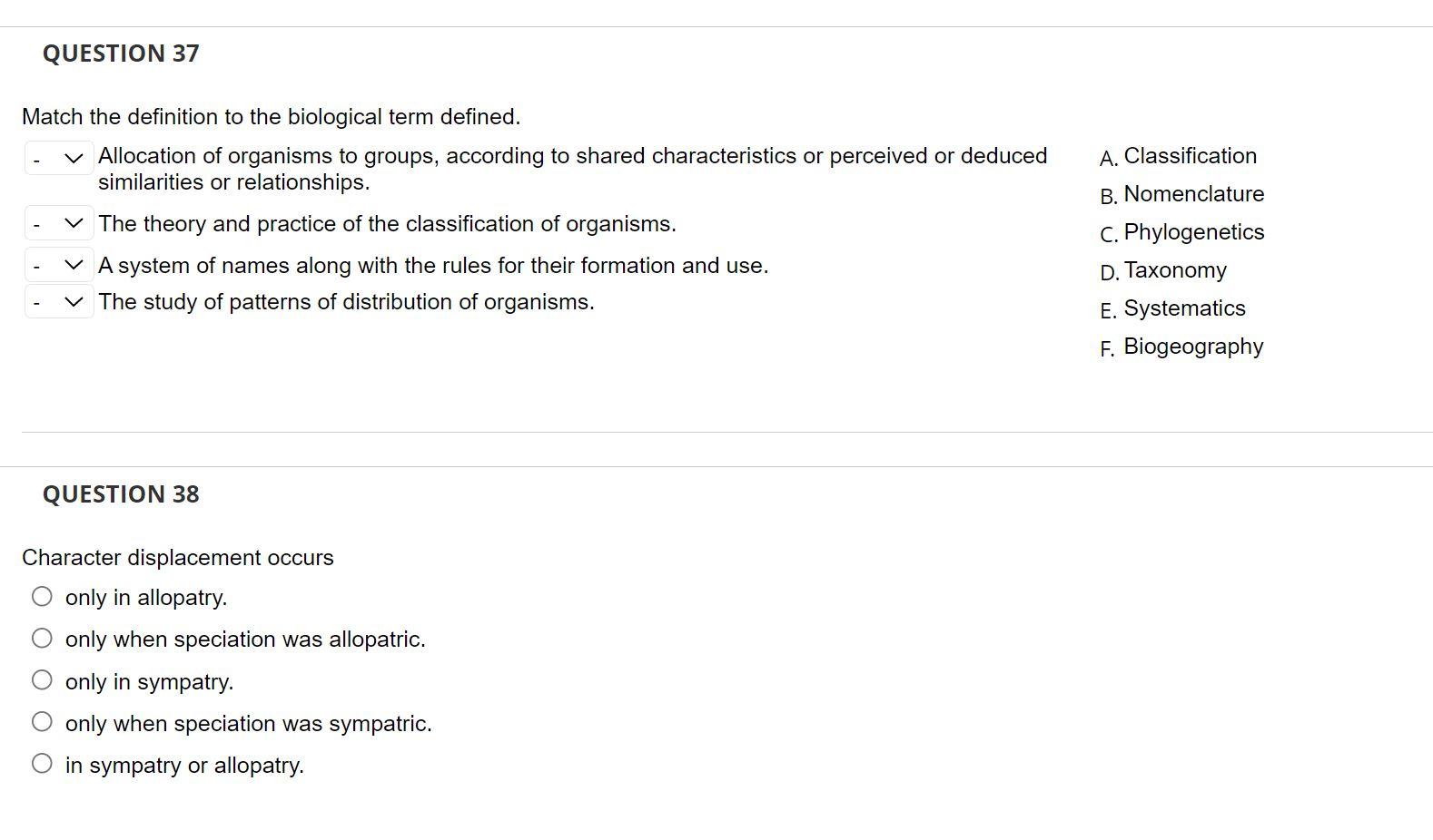 Solved QUESTION 37 Match the definition to the biological | Chegg.com