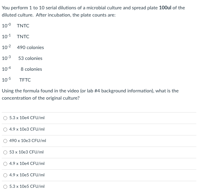 Solved CFU/ml = Number of colonies per ml plated/ Total