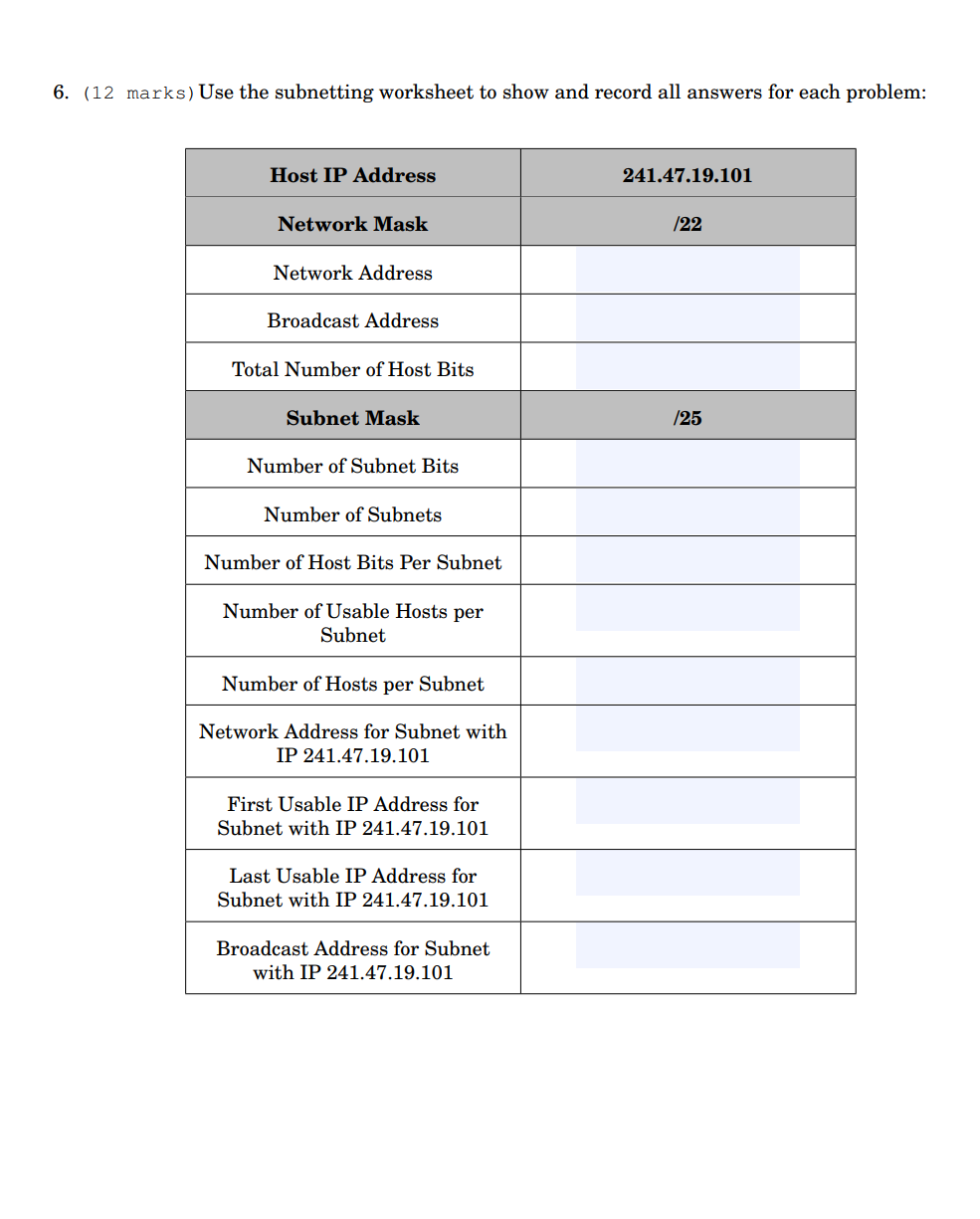 Solved 5. (12 Marks) Use The Subnetting Worksheet To Show | Chegg.com