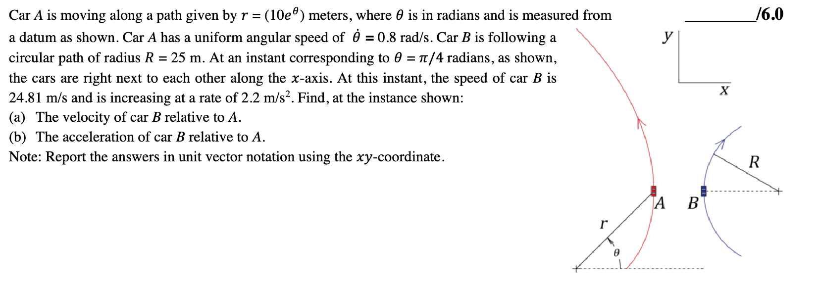 Solved Car A is moving along a path given by r=(10eθ) | Chegg.com