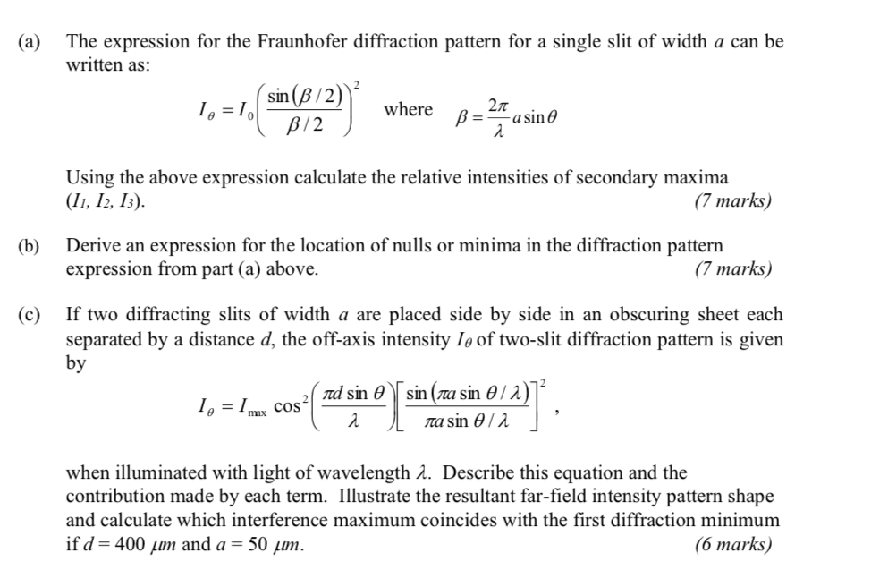 Solved (a) ﻿The expression for the Fraunhofer diffraction | Chegg.com