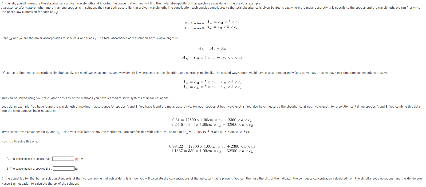 e Beer's law expression for each at λ1 For Species