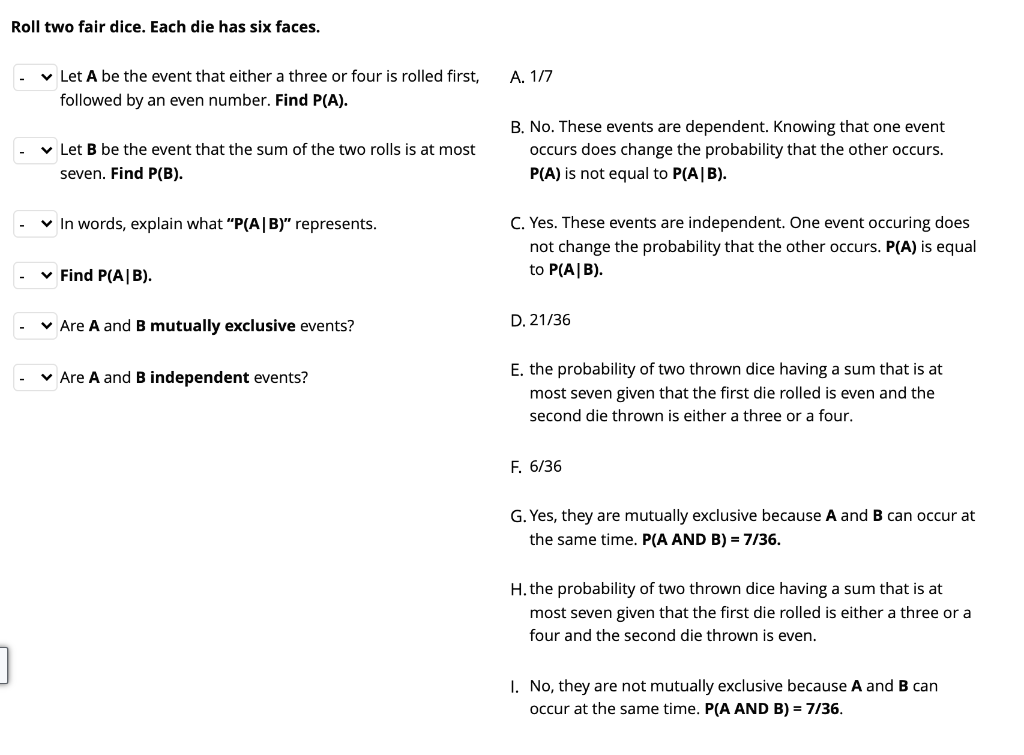 Solved Roll Two Fair Dice. Each Die Has Six Faces. A. 1/7 | Chegg.com