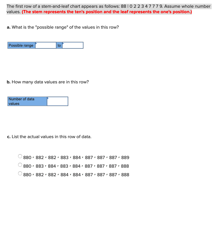 Solved The first row of a stem and leaf chart appears as Chegg