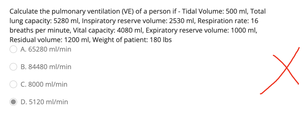 Lung volume capacities. (Tidal Volume-TV = 500 mL, Inspiratory Reserve