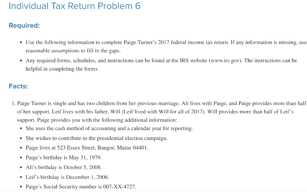 Individual Tax Return Problem 6 Required Use The | Chegg.com