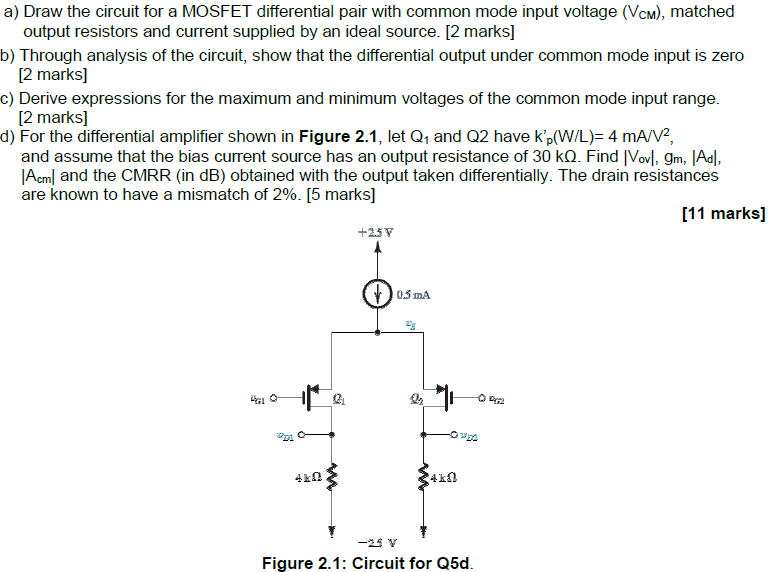 A) Draw The Circuit For A MOSFET Differential Pair | Chegg.com