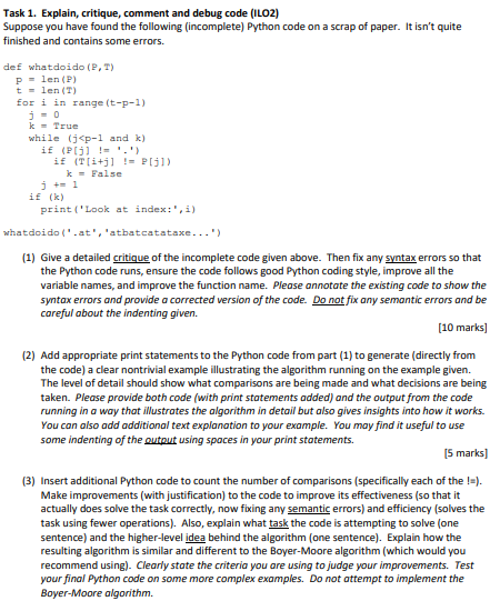 Task 1. Explain, critique, comment and debug code | Chegg.com