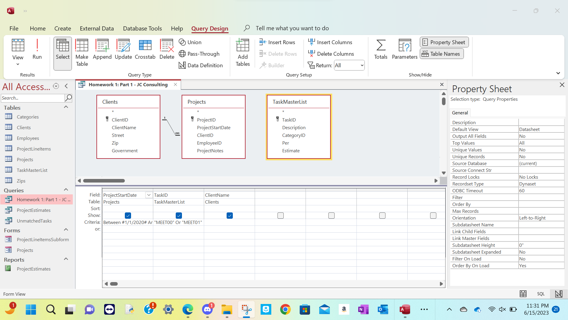 Solved Using JCConsulting.accdb, select the ClientName, | Chegg.com