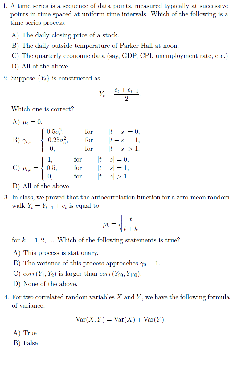 Solved 1. A time series is a sequence of data points, | Chegg.com