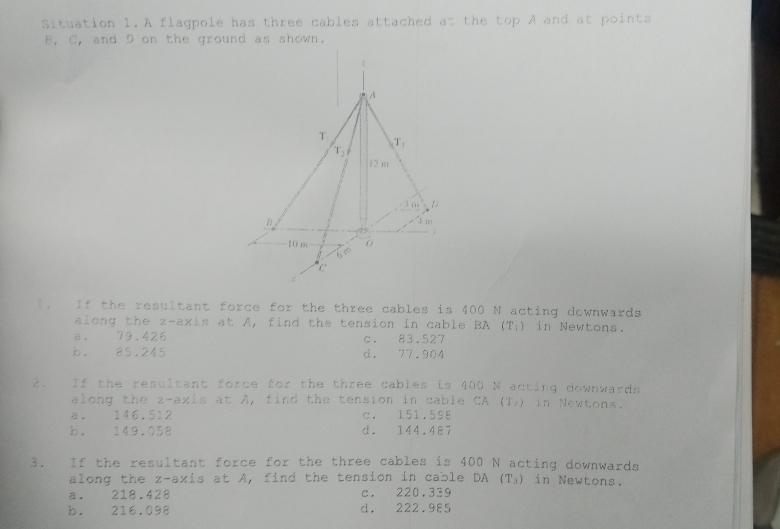 Solved Situation 1. A flagpole has three cables attached a- | Chegg.com