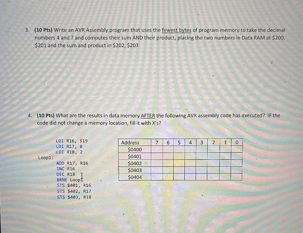 Solved 3. (10 Pts) Write an AVR Assembly program that uses | Chegg.com
