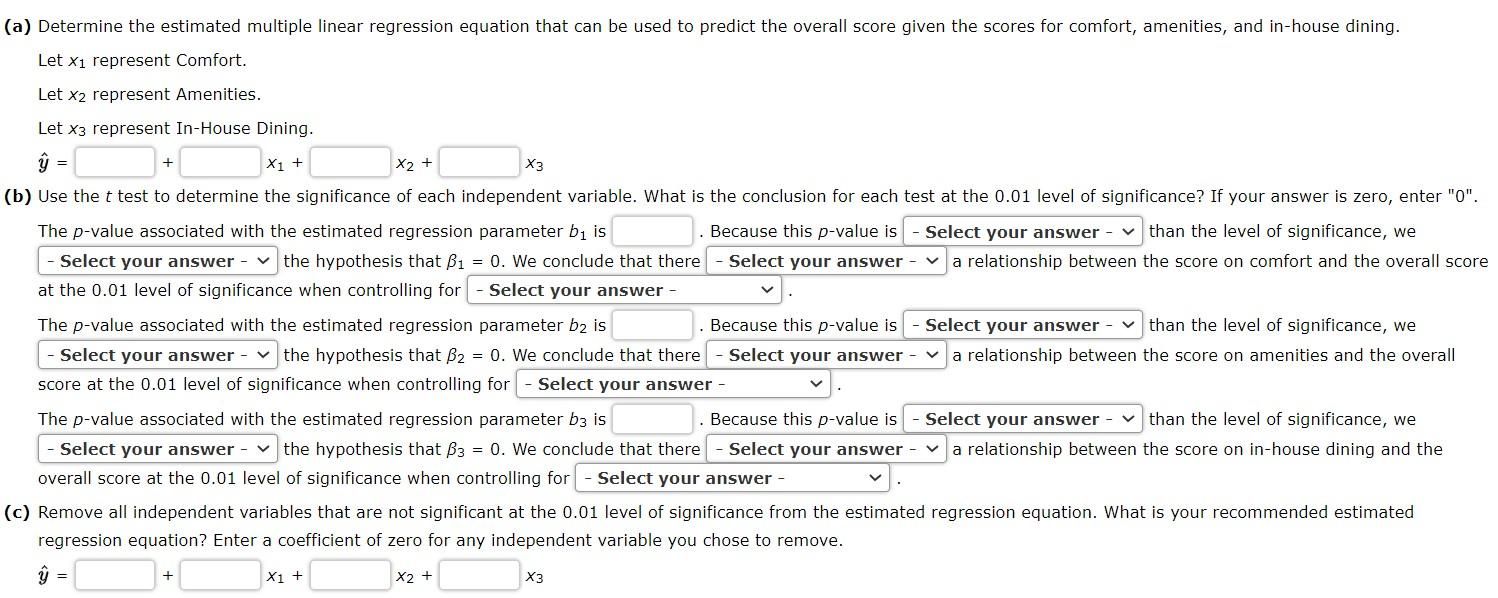 (a) Determine the estimated multiple linear regression equation that can be used to predict the overall score given the score