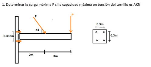 1. Determinar la carga máxima P si la capacidad máxima en tensión del tornillo es \( \mathrm{AKN} \)