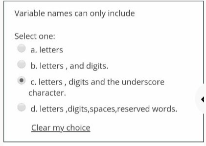 Solved Variable names can only include Select one: a. | Chegg.com