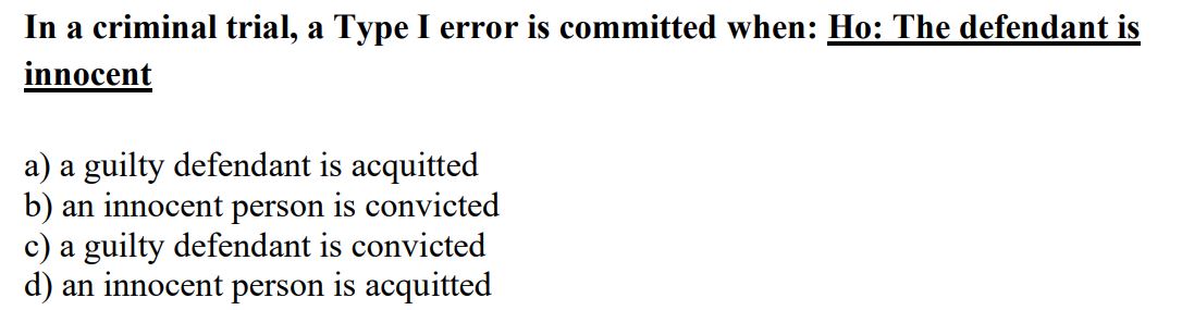 Solved In A Criminal Trial, A Type I Error Is Committed | Chegg.com