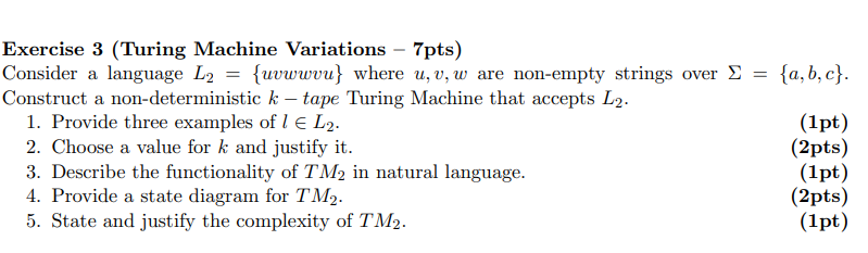 Solved Exercise 3 (Turing Machine Variations - 7pts) | Chegg.com