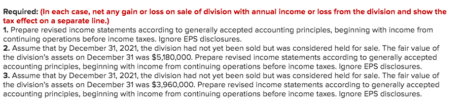 Required: (in each case, net any gain or loss on sale of division with annual income or loss from the division and show the t