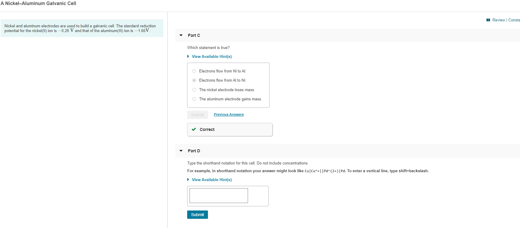 Solved A NickelAluminum Galvanic Cell Review Consta Nickel