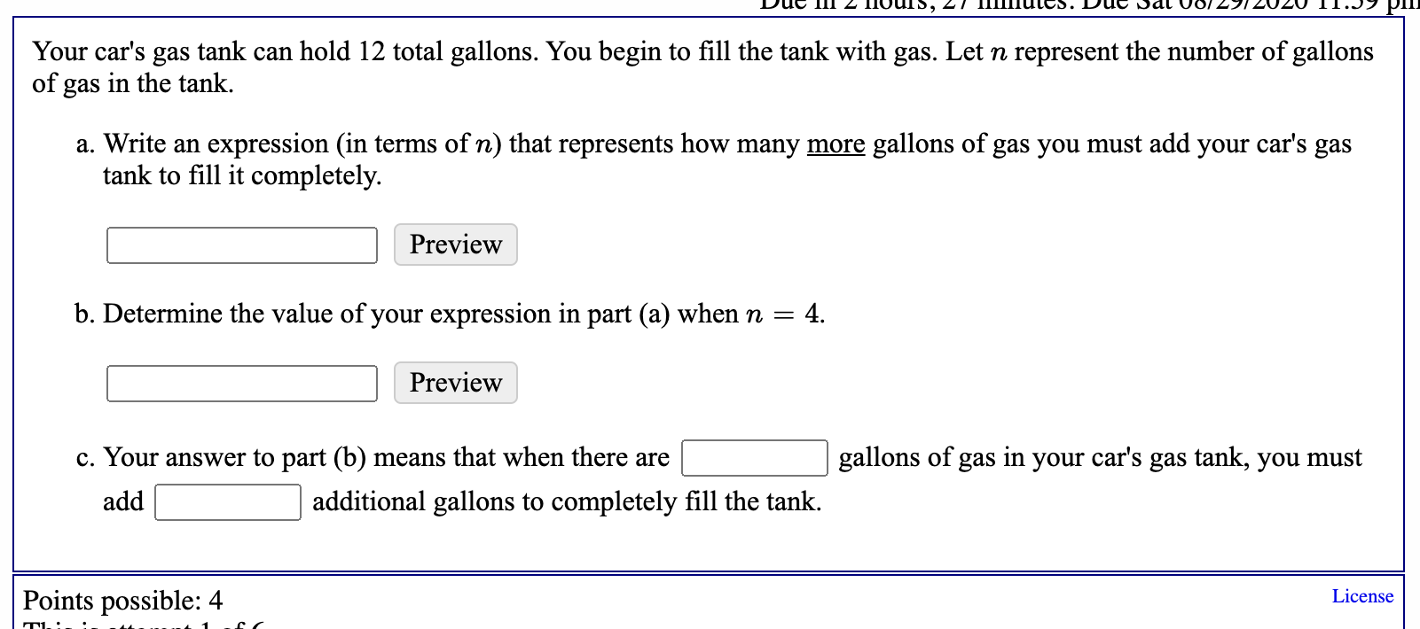 Solved 1 2 Your car's gas tank can hold 12 total gallons.