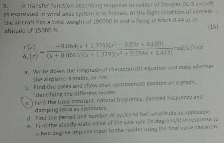 Solved A transfer function describing response to rudder of | Chegg.com