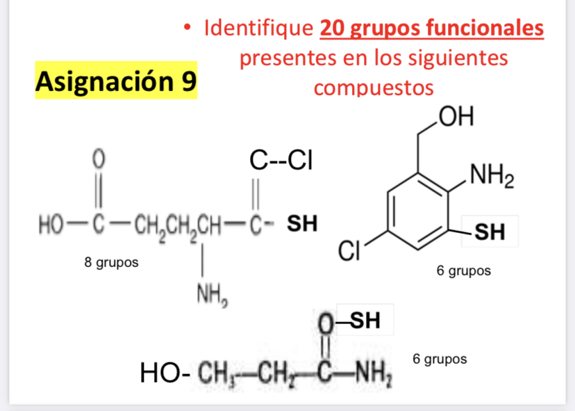 Identifique \( \mathbf{2 0} \) grupos funcionales presentes en los siguientes compuestos