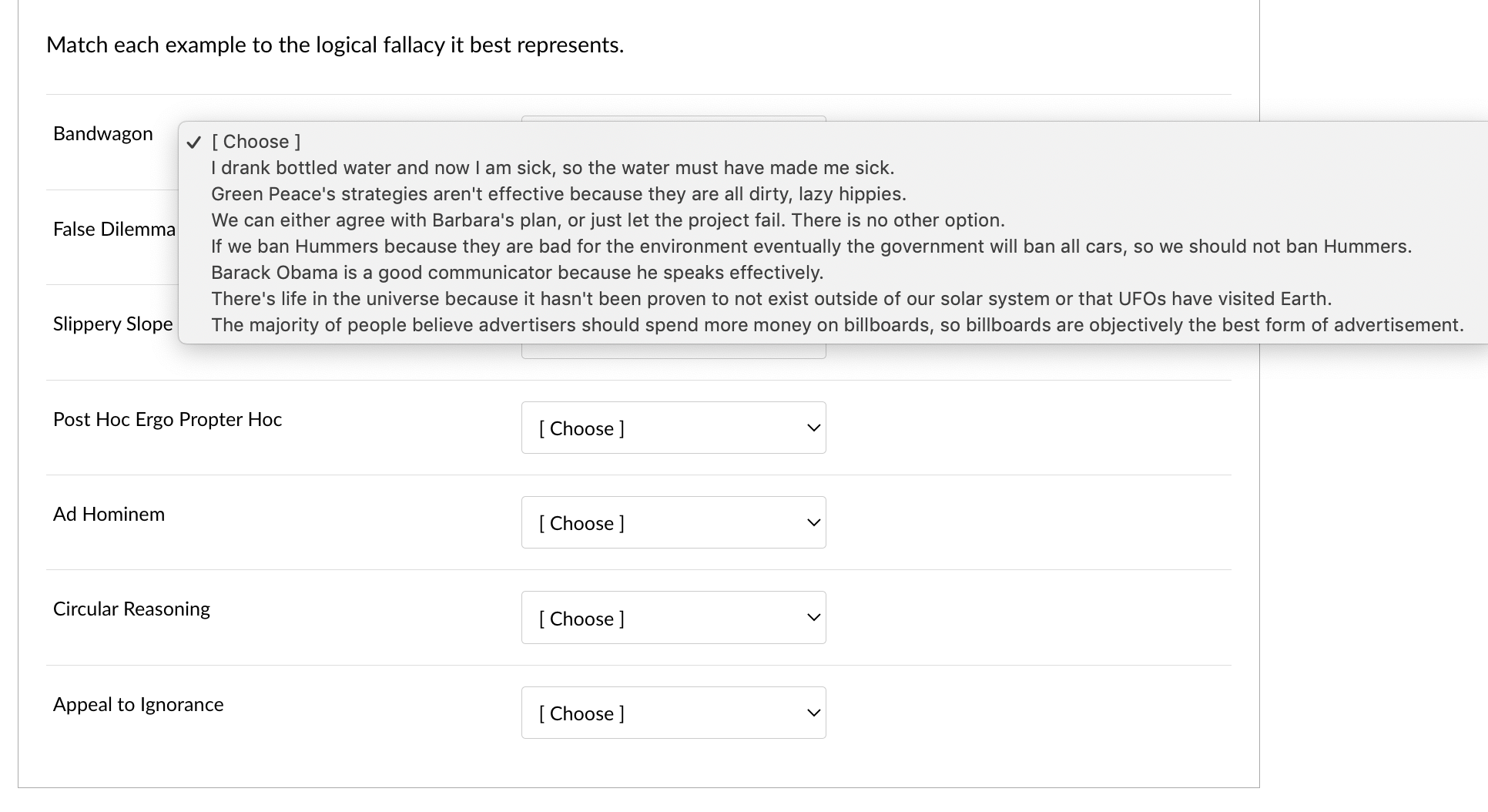 Match each example to the logical fallacy it best | Chegg.com