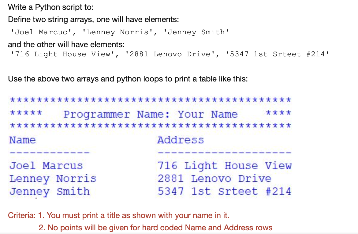 Solved Write a Python script to: Define two string arrays, | Chegg.com