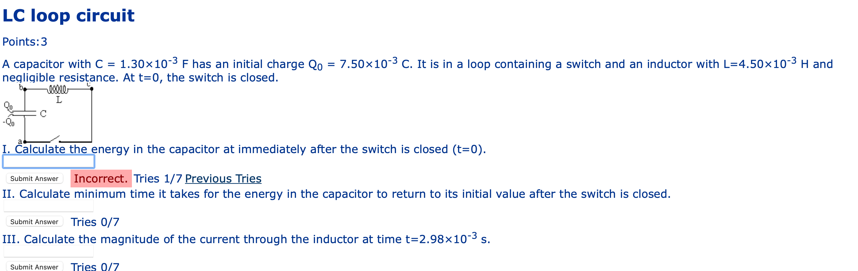 Solved LC loop circuit Points: 3 A capacitor with C = | Chegg.com