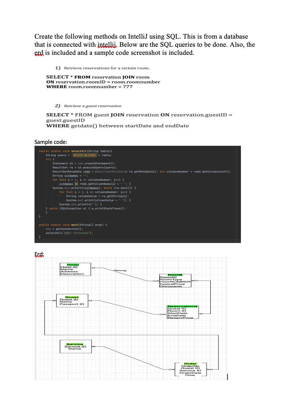 Solved Create the following methods on IntelliJ using SQL. | Chegg.com