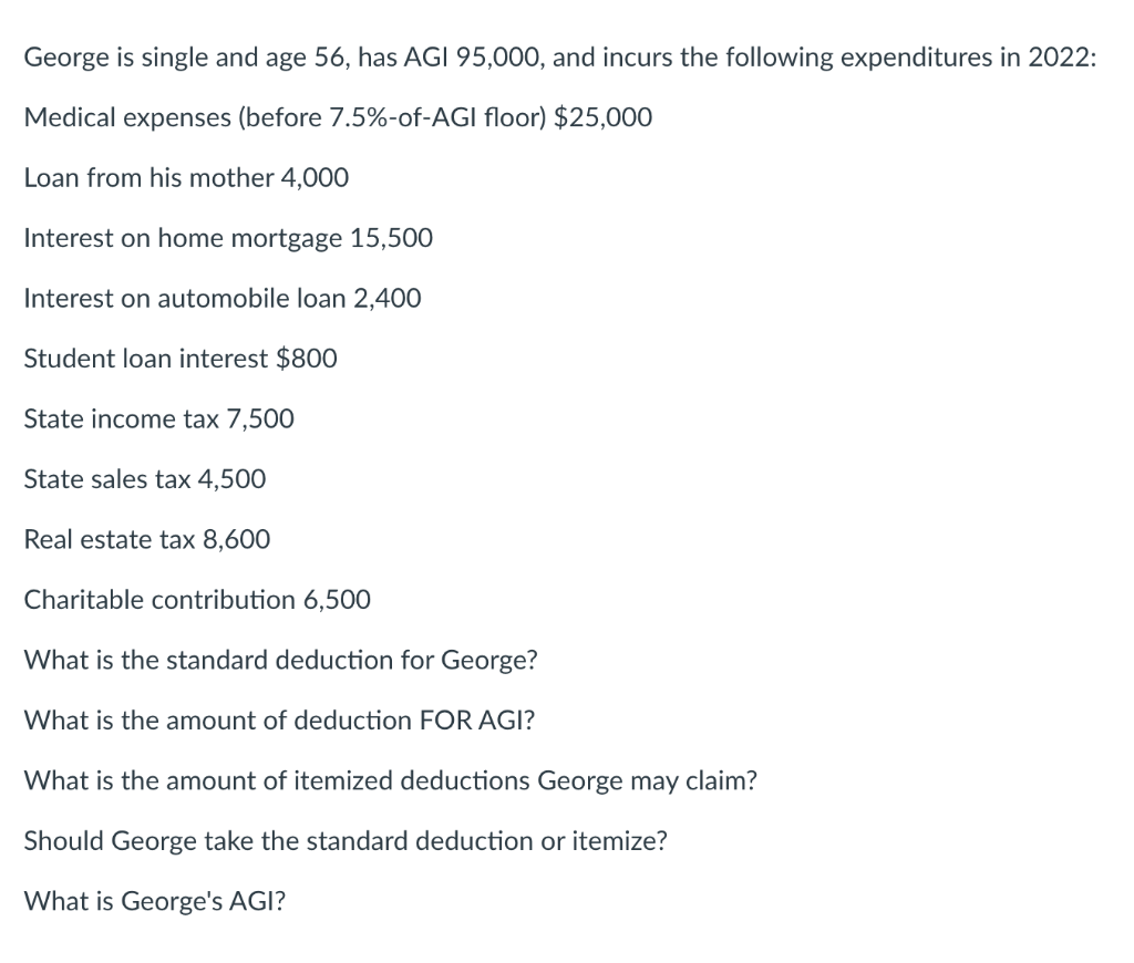 Solved George is single and age 56 has AGI 95 000 and Chegg