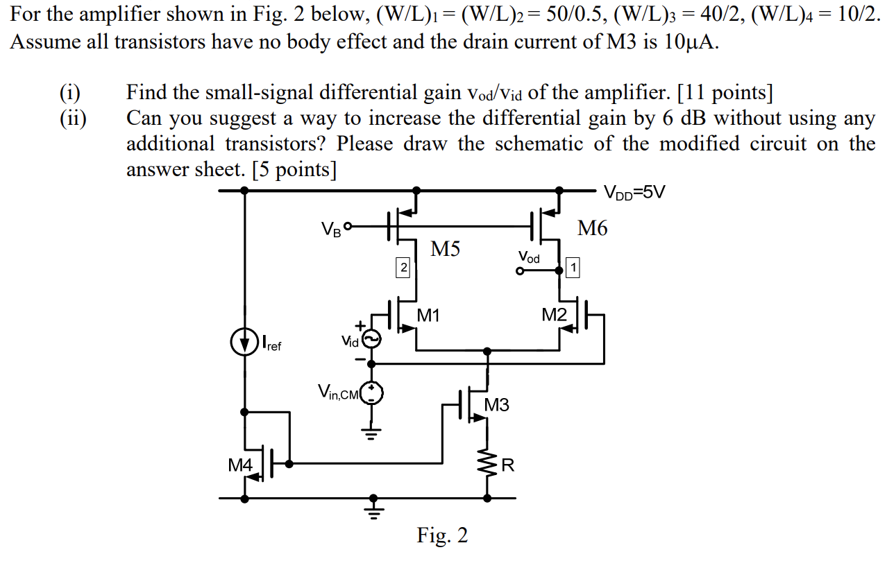 Solved For the amplifier shown in Fig. 2 below, (W/L)1= | Chegg.com