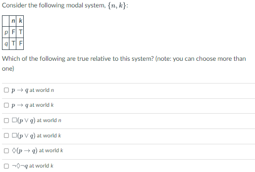 Solved Consider the following modal system, \\( \\{n, k\\} | Chegg.com