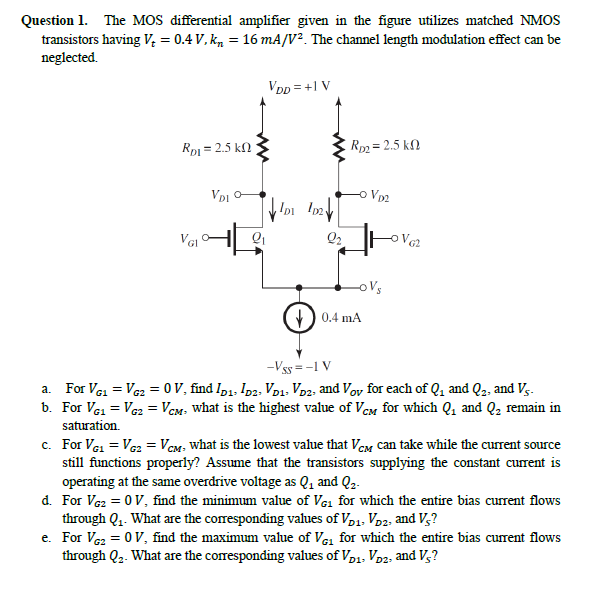 Solved Question 1. The MOS differential amplifier given in | Chegg.com