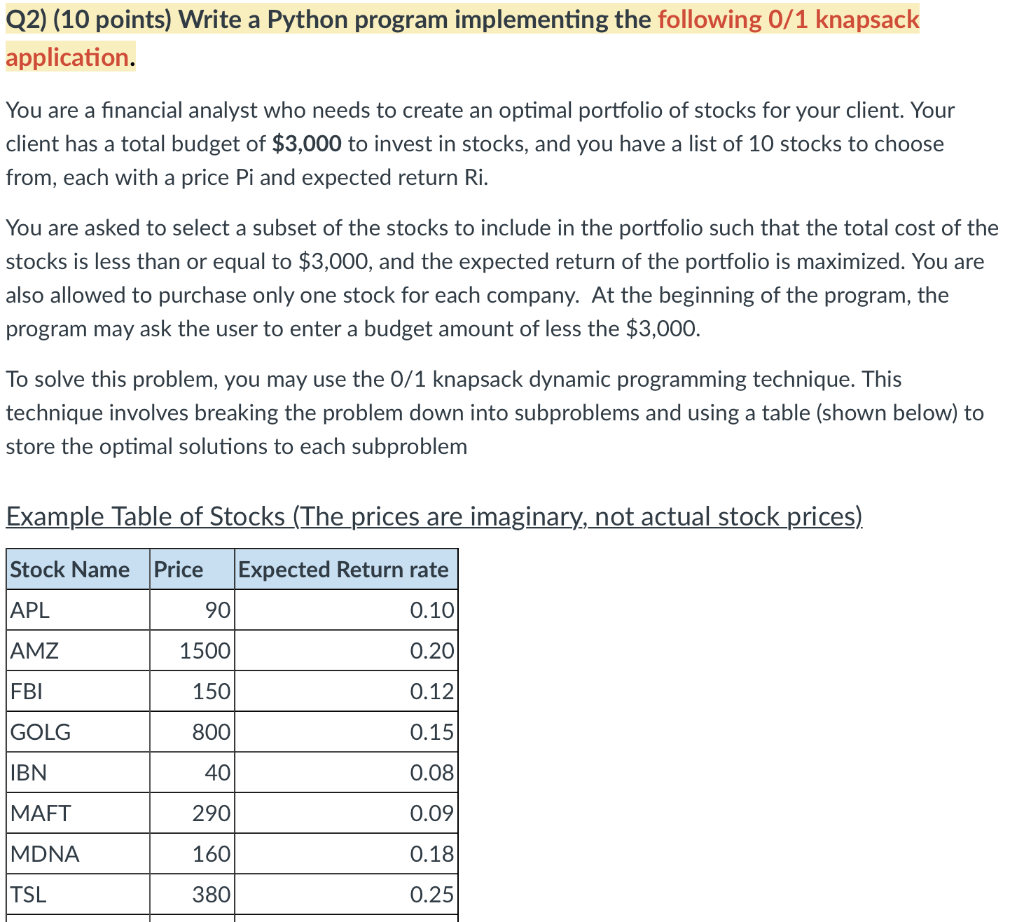 Solved Write a Python program implementing the following 0/1 | Chegg.com