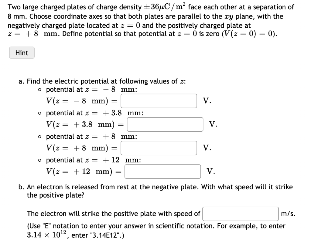 Solved Two Large Charged Plates Of Charge Density 364c M Chegg Com