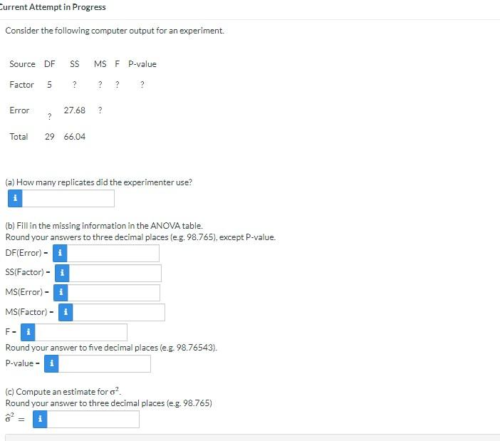 Solved Consider The Following Computer Output For An | Chegg.com