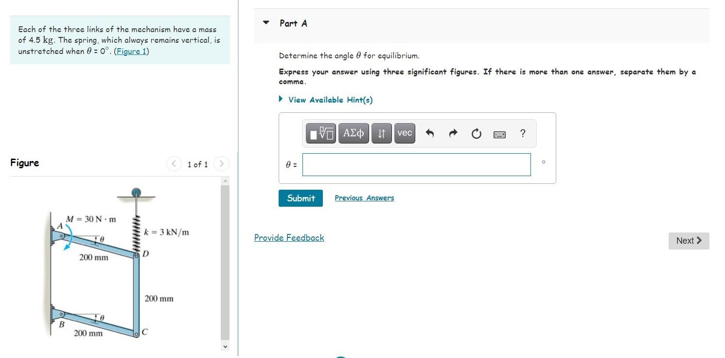 Solved Each of the three links of the mechanism have a mass | Chegg.com