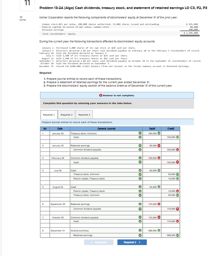 Solved Problem 13-2A (Algo) ﻿Cash dlvidends, treasury stock, | Chegg.com