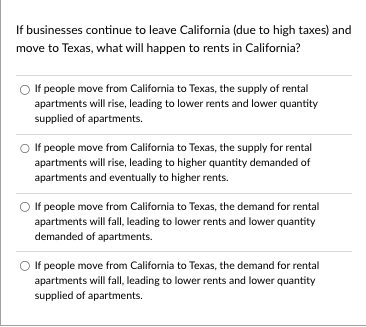 If businesses continue to leave California (due to high taxes) and move to Texas, what will happen to rents in California?
If