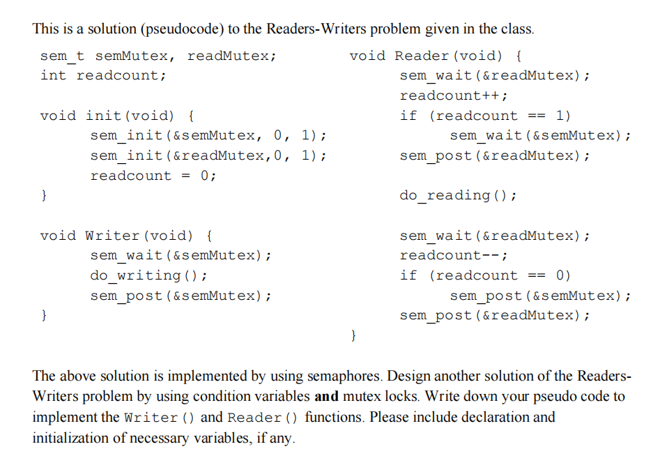 Solved Readers-Writers Problem Another classic | Chegg.com