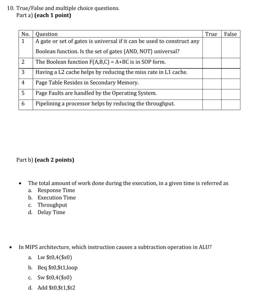 Solved 10 True False And Multiple Choice Questions Part A