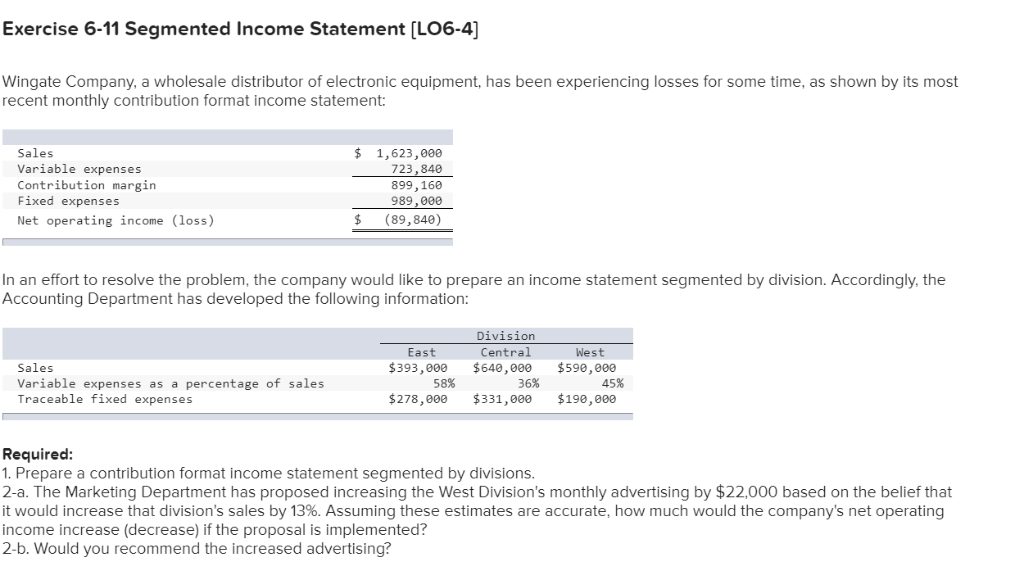 Solved Exercise 6-11 Segmented Income Statement [LO6-4] | Chegg.com ...