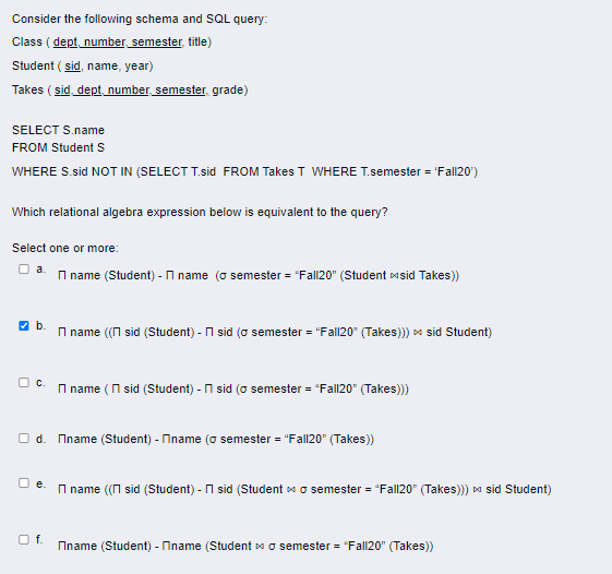 Solved Consider the following schema and SQL query: Class | Chegg.com