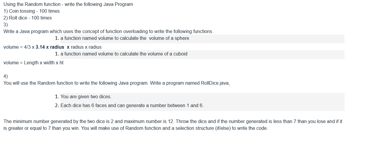 Solved Using the Random function - write the following Java | Chegg.com