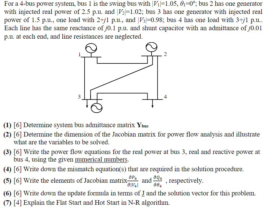 Solved For a 4-bus power system, bus 1 is the swing bus with | Chegg.com