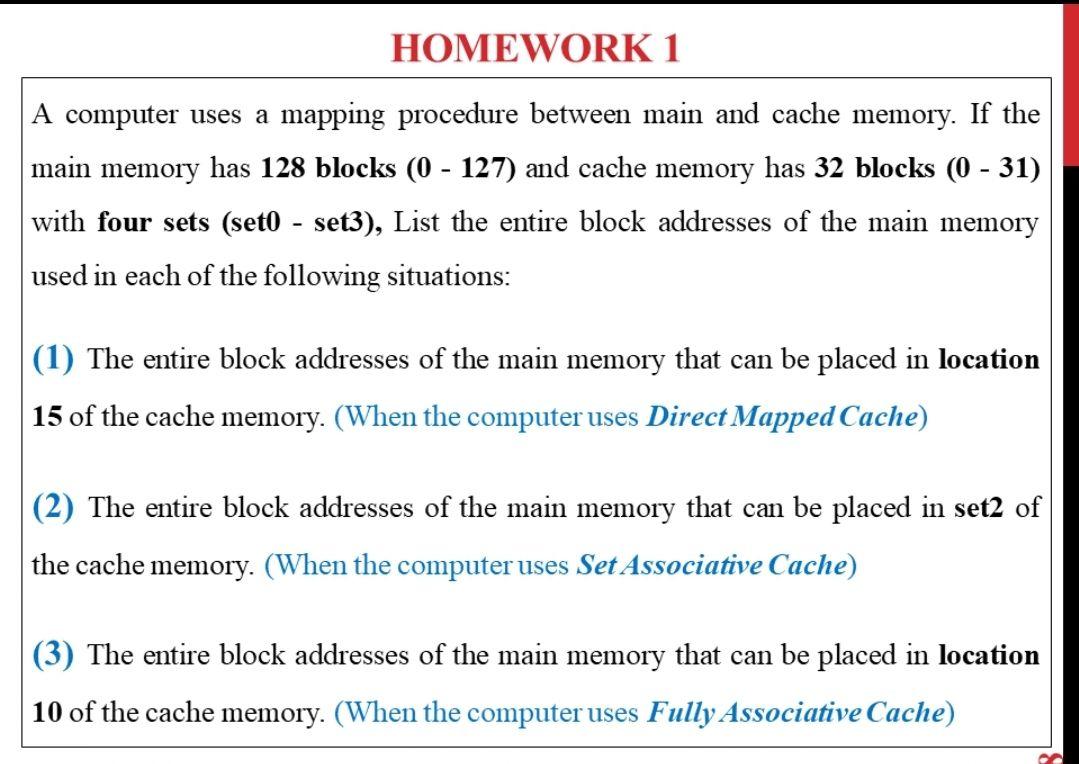 Solved HOMEWORK 1 - A computer uses a mapping procedure | Chegg.com