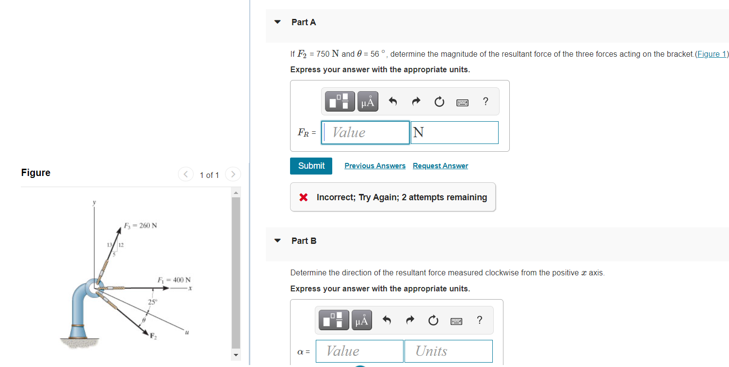 Solved Part A If F2 = 750 N and Q = 56°, determine the | Chegg.com